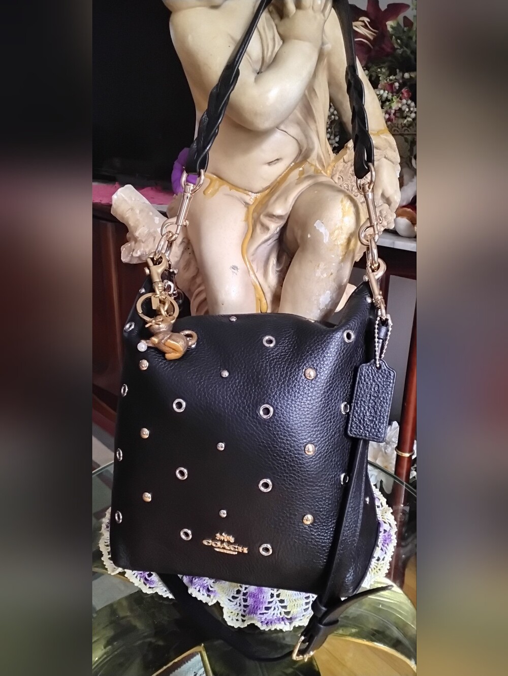 Coach Abby Leather Studded Grommet Crossbody Bag With Coach Cat Charm - Picture 6 of 14